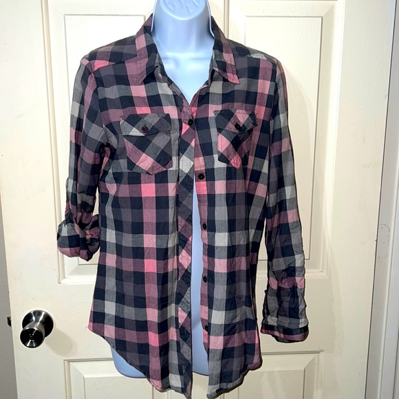 Fun & Flirt Tops - Pink & Gray plaid Ladies Top